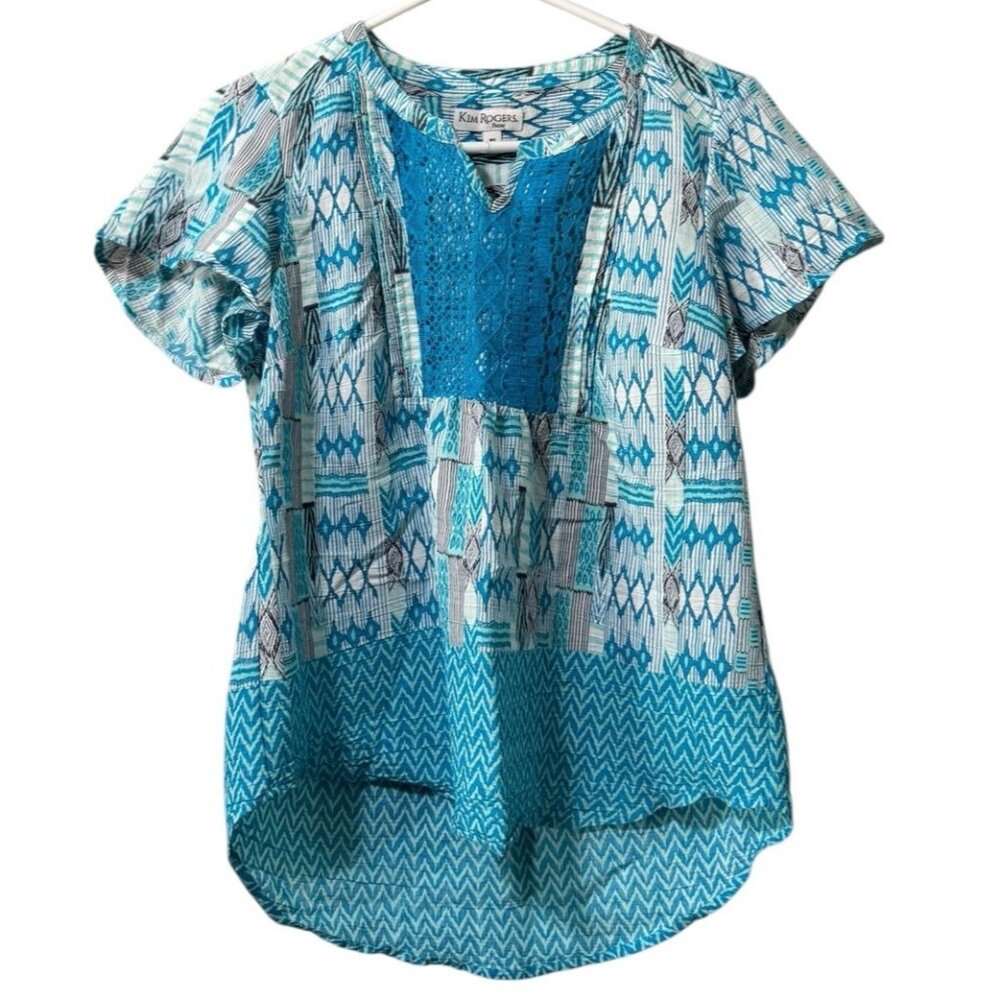 Kim Rogers Women Shirt Petite Small Blue Short‎ Sleeve V Neck Crochet Boho City